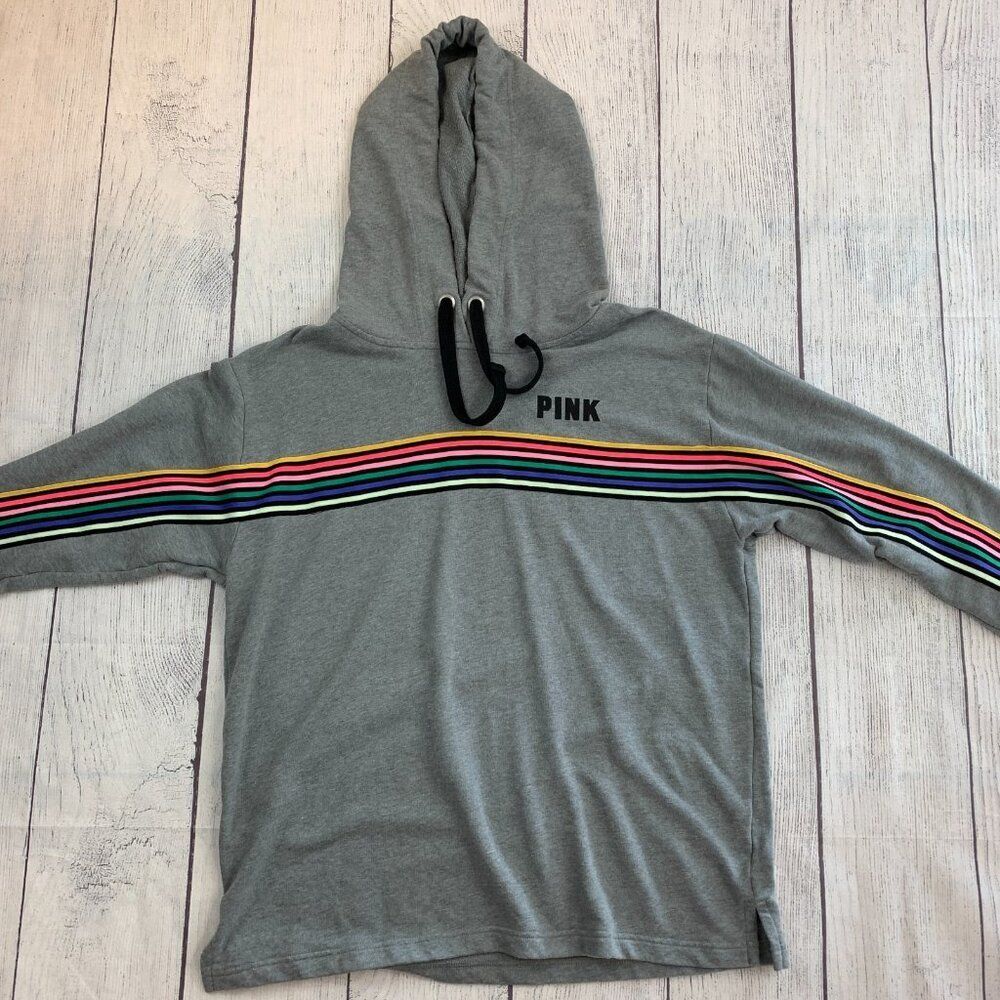 Victoria's Secret Pink Hoodie sz L Hooded Sweatshirt Gray Rainbow Stripes
